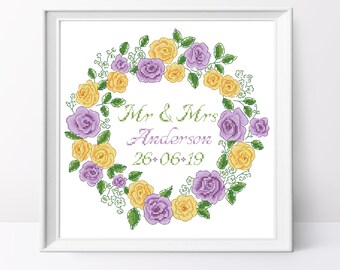 Violet & Gelb Rosen Kranz Kreuzstichmuster PDF Muster