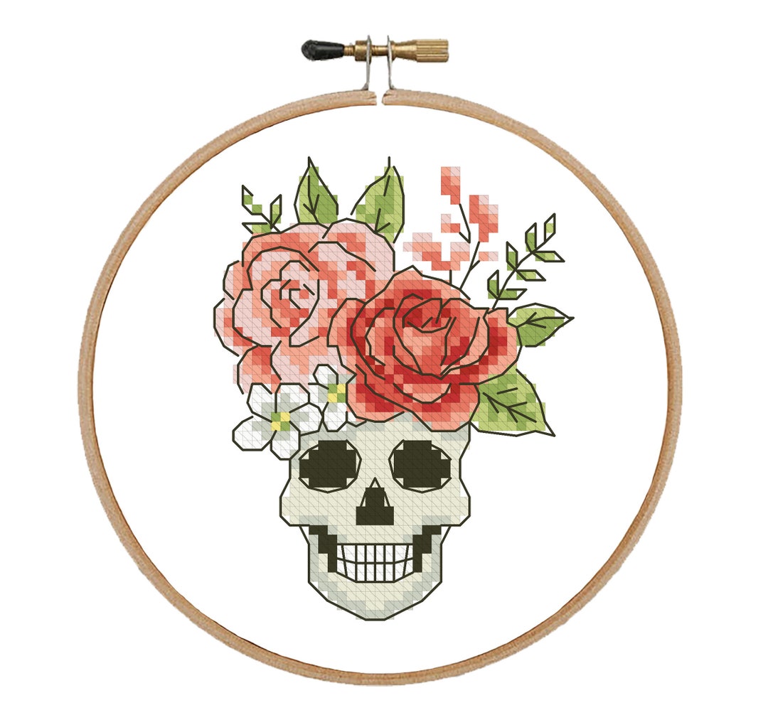 Skull With Red Roses Cross Stitch Pattern Halloween Design Little Skull ...