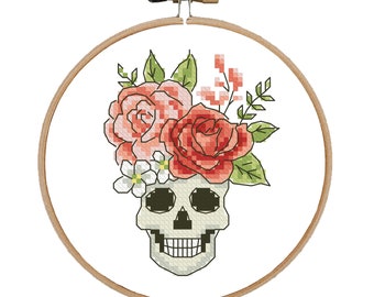 Skull with Roses Cross Stitch Pattern: Halloween Decor (PDF Pattern)
