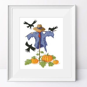 Scarecrow cross stitch pattern Scarecrow with pumpkins pdf pattern Halloween cross stitch design Halloween scarecrow cross stitch chart pdf