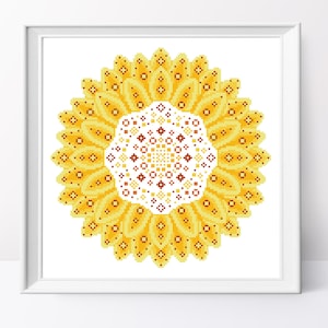Bright sunflower mandala cross stitch pattern Sunflower design Flower mandala pdf pattern Geometric sunflower cross stitch Boho gift