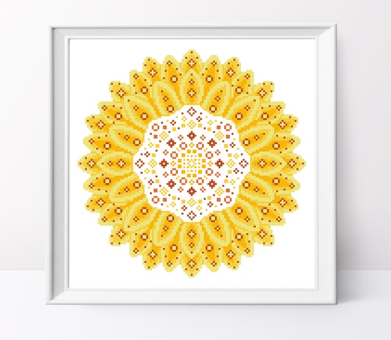 Bright sunflower mandala cross stitch pattern Sunflower design Flower mandala pdf pattern Geometric sunflower cross stitch Boho gift image 1