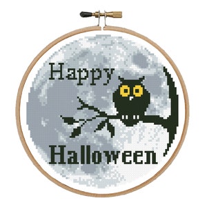 Happy Halloween avec motif de point de croix hibou Halloween pdf pattern Hibou point de croix Lune et hibou point de croix Hibou silhouette point de croix