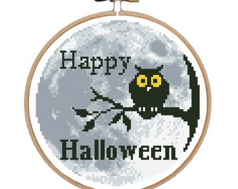 Halloween Owl Cross Stitch Pattern: Moon Silhouette (PDF Pattern)