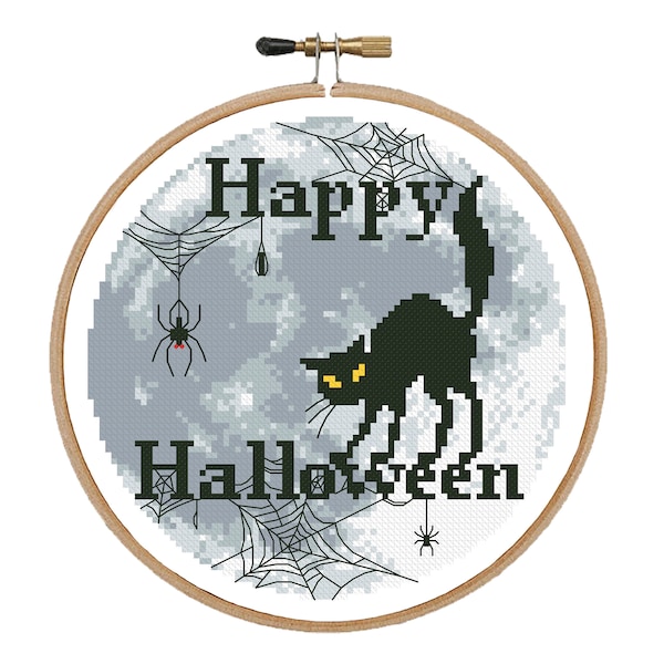 Happy Halloween with cat and spiders cross stitch pattern Halloween pdf pattern Spider web cross stitch Halloween décor Scared cat pattern