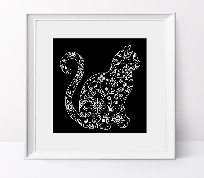 Download Floral lace cat silhouette cross stitch pattern Pet cross ...