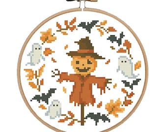 Vogelscheuche Kreuzstich-Muster: Halloween-Kranz (PDF-Muster)
