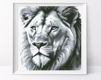 Monochrome Lion Cross Stitch Pattern: Modern Animal Design (PDF Pattern)