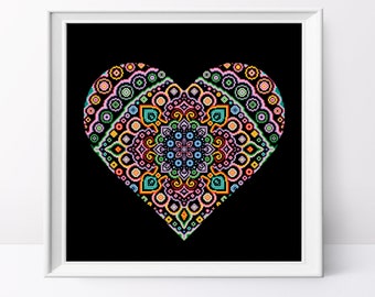Colorful Mandala Heart Cross Stitch Pattern: Geometric Design (PDF Pattern)