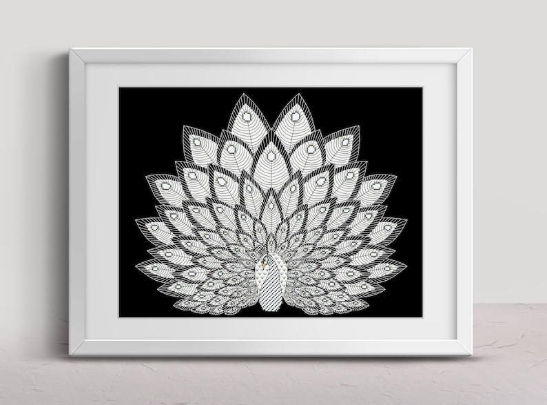 May include: A black and white line art illustration of a peacock with its feathers spread out in a fan shape.