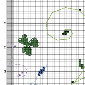 May include: A green four-leaf clover with a green outline, a blue flower with a blue outline, and a yellow flower with a yellow outline on a white grid background. The text "Page 3 Lucky song" is at the top of the image.