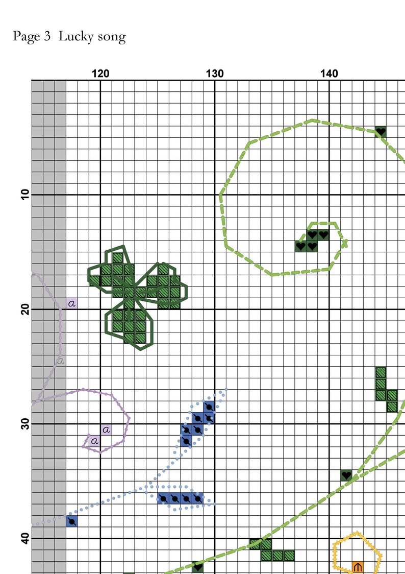 May include: A green four-leaf clover with a green outline, a blue flower with a blue outline, and a yellow flower with a yellow outline on a white grid background. The text "Page 3 Lucky song" is at the top of the image.