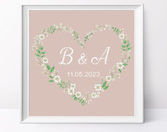 Wedding Floral Heart with White Flowers Cross Stitch Pattern: Modern Love Design (PDF Pattern)