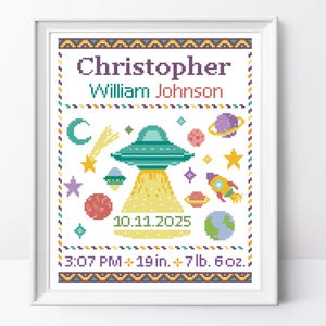 Pode incluir: Uma bordada em ponto cruz com o nome "Christopher William Johnson" e ilustrações espaciais. O design inclui um OVNI, planetas, estrelas e um foguete. A data, hora e medidas também estão incluídas: 10.11.2025, 15:07, 48 cm e 3,2 kg.