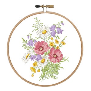 Weide bloemen boeket kruissteek patroon Bloemen kruissteek ontwerp Wilde bloemen pdf patroon Zomer kruissteek Helder bloemen ontwerp