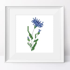 May include: A cross-stitch pattern of a blue cornflower with green stems and leaves.
