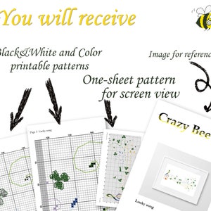 May include: A digital download of a cross-stitch pattern for a musical note design with a clover leaf. The pattern is available in black and white and colour versions. The image shows a sample of the pattern and a finished cross-stitch project.