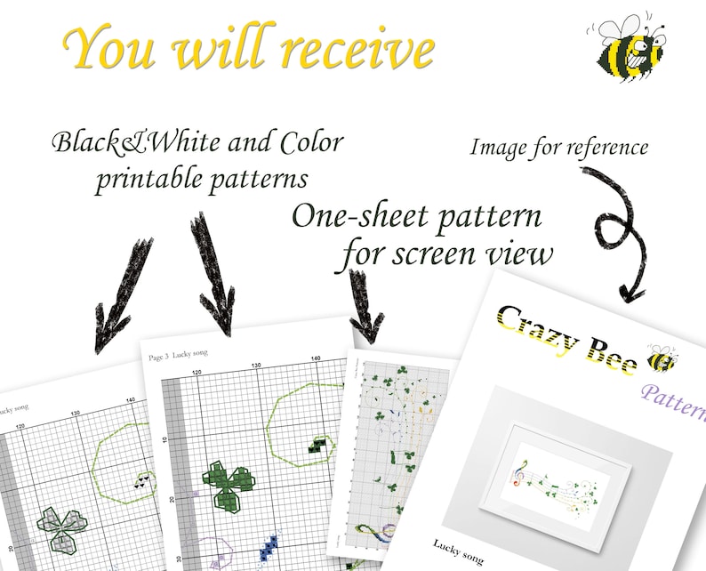May include: A digital download of a cross-stitch pattern for a musical note design with a clover leaf. The pattern is available in black and white and colour versions. The image shows a sample of the pattern and a finished cross-stitch project.