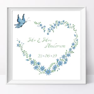 Motif de point de croix de coeur floral bleu Conception de point de croix de mariage Motif de pdf de coeur floral bleu Fleurs bleues Motif de mariage personnalisé