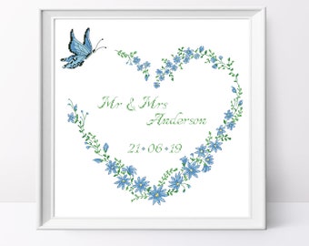 Blue floral heart cross stitch pattern Wedding cross stitch design Blue floral heart pdf pattern Blue flowers Personalized wedding pattern