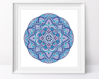 Blaues geometrisches Mandala Kreuzstich-Muster (PDF)