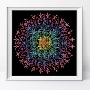 Rainbow lace mandala cross stitch pattern Geometric cross stitch Rainbow mandala cross stitch chart Modern cross stitch design Mandala art