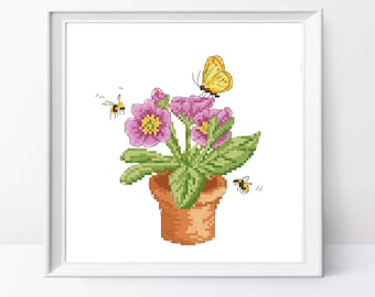 Kruissteekpatroon violette sleutelbloem: bijen en bloemen (pdf-patroon)