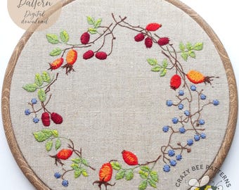 Embroidery Pattern - Rosehip Berry Wreath - Autumn hand embroidery pattern - Embroidery Design (PDF Pattern)