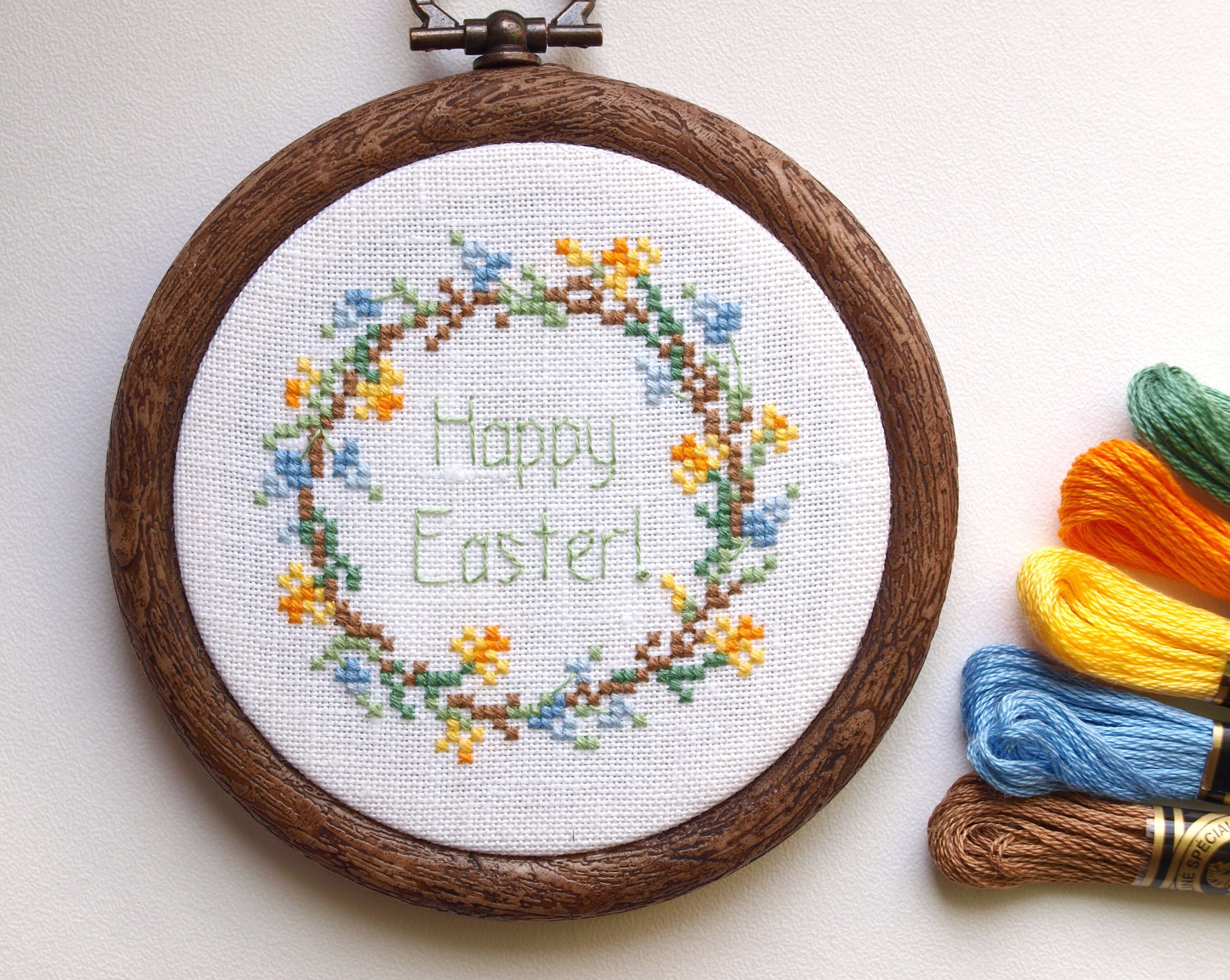 Happy Easter Floral Wreath Cross Stitch Pattern (PDF Pattern) - Etsy