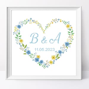 Wedding Floral Heart with blue flowers cross stitch pattern Flower heart design Love cross stitch Wedding pdf pattern Wedding design