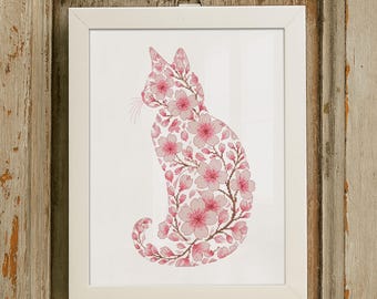 Cross Stitch Pattern Cat Silhouette – Sakura Cat – Floral Cat Design (PDF Pattern)