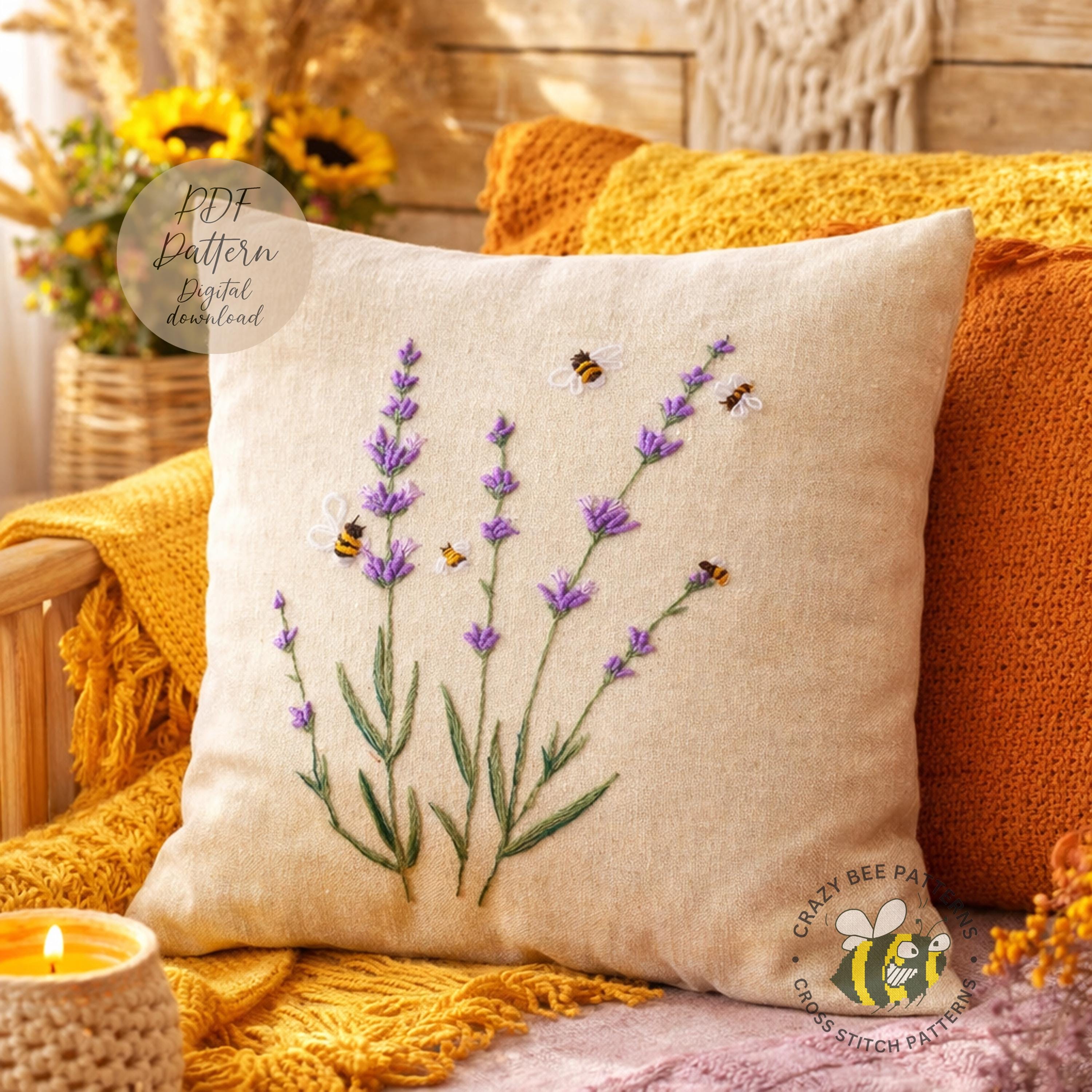 ラベンダーとミツバチの刺繍パターン - 手刺繍デザイン - 刺繍PDF