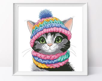 Winter Cat Cross Stitch Pattern – Cozy Kitty in Beanie (PDF Pattern)