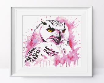 Pink Snowy Owl Cross Stitch Pattern: Modern Bird Design (PDF Pattern)