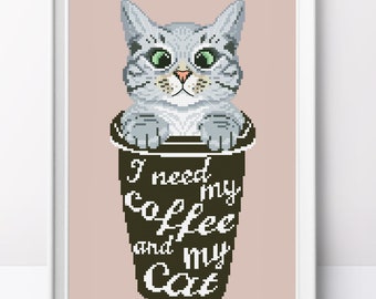Korsstygnsmönster med kaffekatt, modern tabbydesign (PDF-mönster)