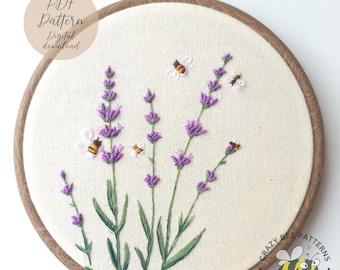 Embroidery Pattern Lavender and Bees - Hand Embroidery Design - Embroidery PDF Pattern (Digital Download)
