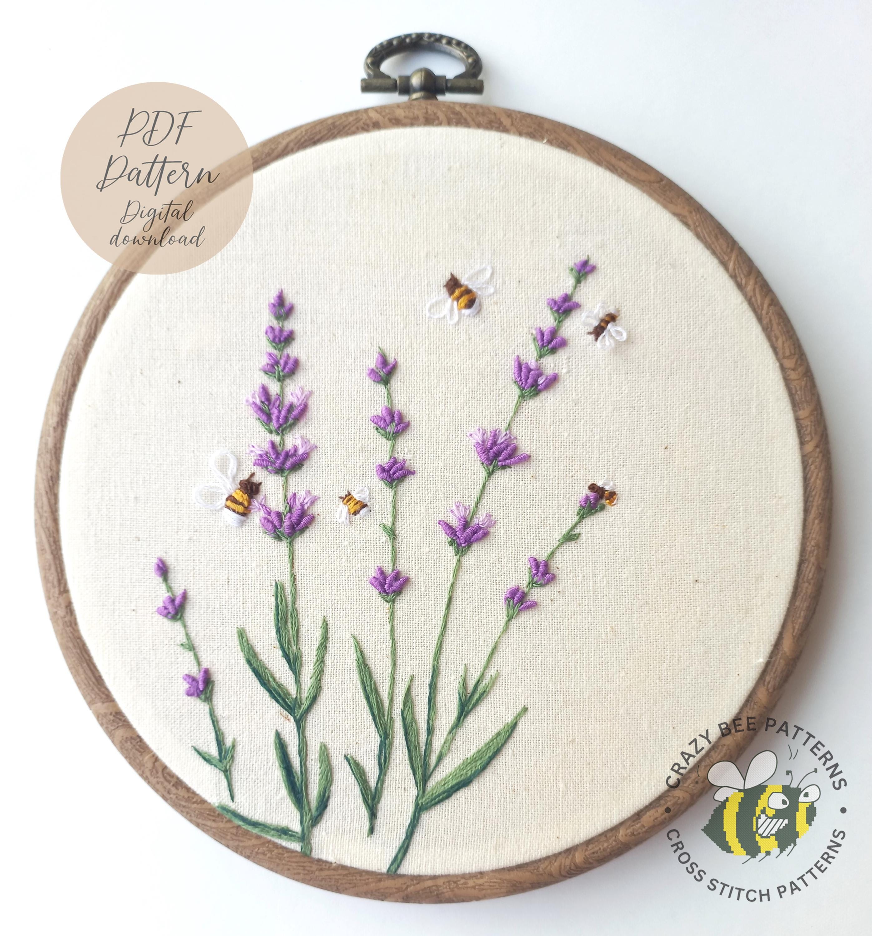 ラベンダーとミツバチの刺繍パターン - 手刺繍デザイン - 刺繍PDF