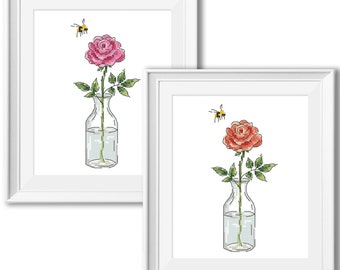Rose and Bee Cross Stitch Pattern: Floral Design (PDF Pattern)
