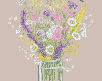Cross stitch pattern wildflower bouquet with bees, rustic floral design (PDF Pattern)
