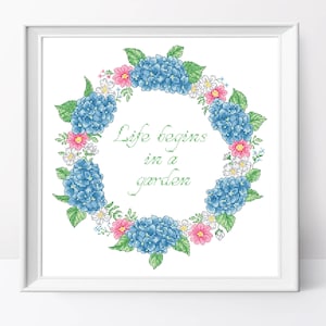Blue Hydrangea Wreath Cross Stitch Pattern: Garden Flowers (PDF Pattern)