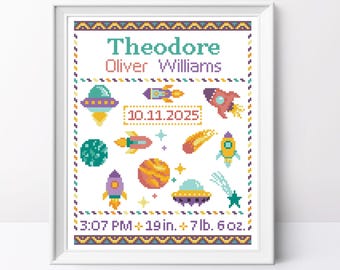 UFO Rockets Baby Birth Sampler Cross Stitch Pattern (Digital PDF)