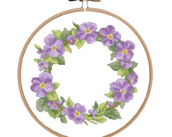 Kreuzstich-Muster Violetter Kranz: Sommerliches Blumenmuster (PDF-Muster)