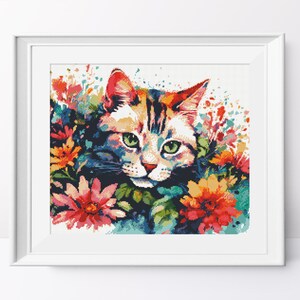 Watercolor Cat in Flowers Cross Stitch Pattern (PDF Pattern)