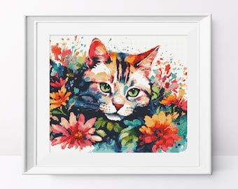 Watercolor Cat in Flowers Cross Stitch Pattern (PDF Pattern)