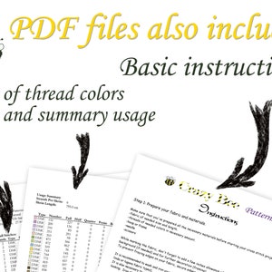 May include: A close-up of a document with the text "Crazy Bee Patterns Instructions" and a table listing thread colors and usage. The document is titled "PDF files also include Basic instructions List of thread colors and summary usage".