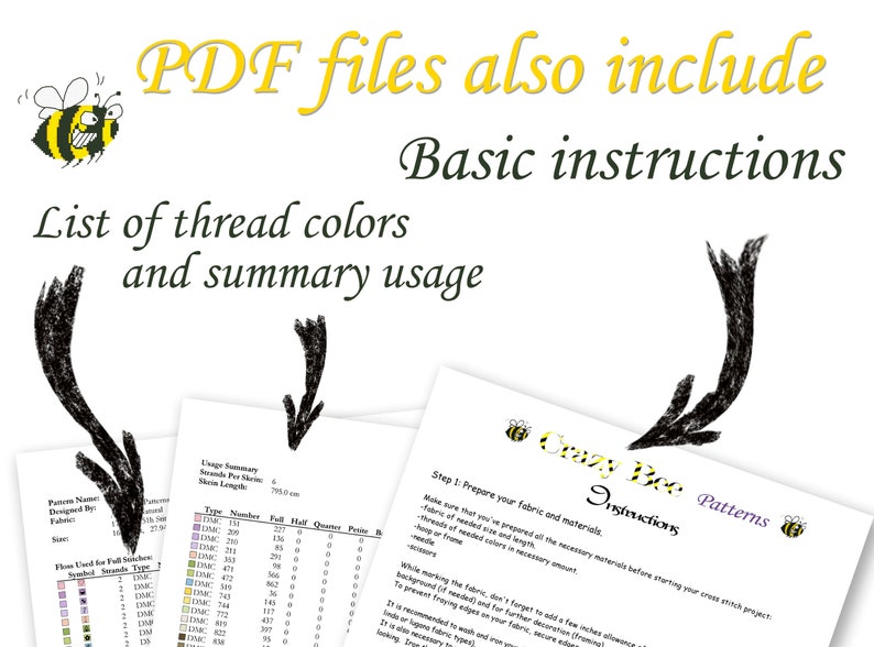 May include: A close-up of a document with the text "Crazy Bee Patterns Instructions" and a table listing thread colors and usage. The document is titled "PDF files also include Basic instructions List of thread colors and summary usage".