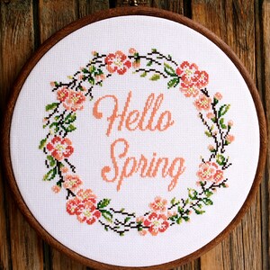 Hello Spring cross stitch pattern Floral wreath pdf pattern Spring wreath design Apple blossom cross stitch pattern Spring blossom pattern