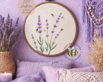 ラベンダーとミツバチの刺繍パターン - 手刺繍デザイン - 刺繍PDF