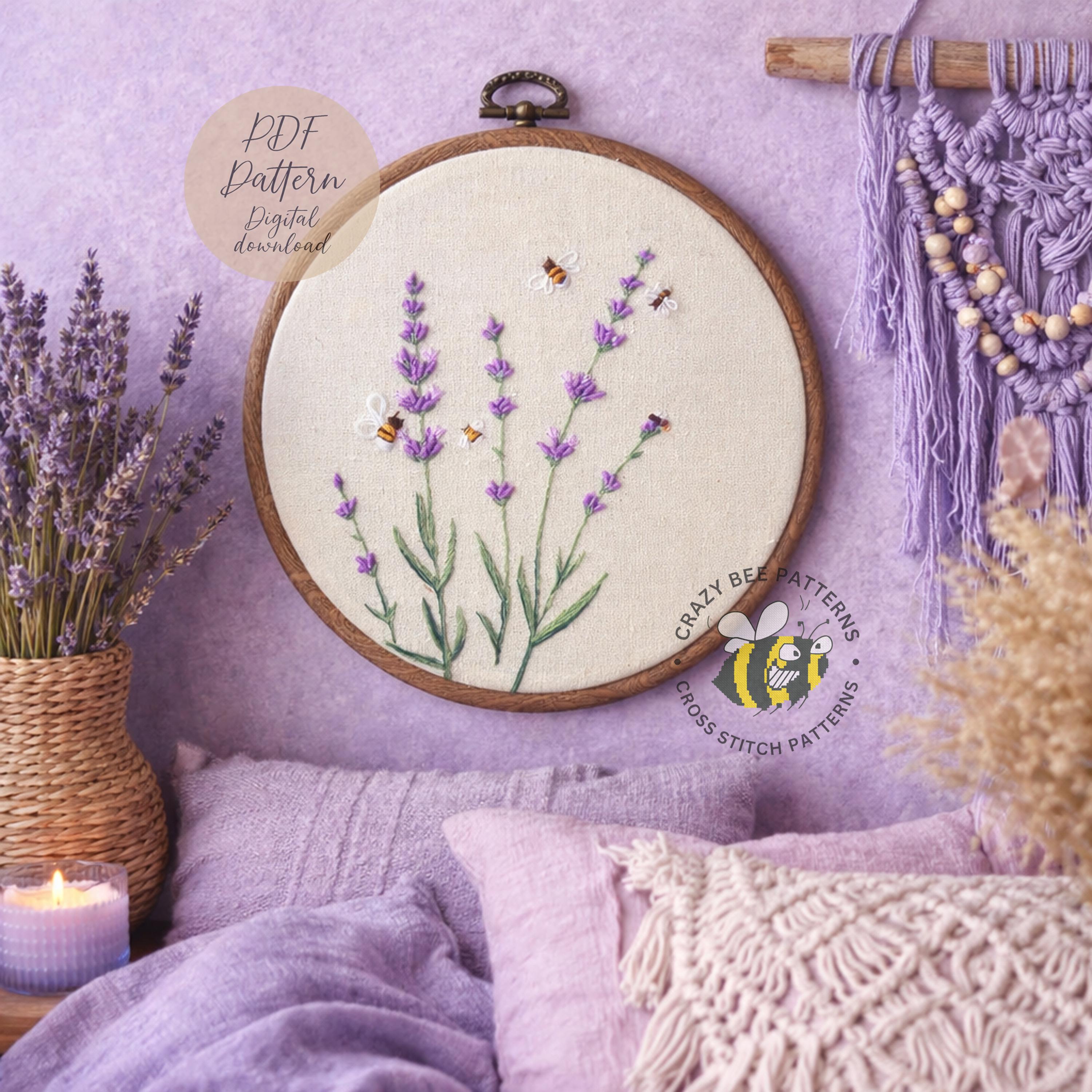 ラベンダーとミツバチの刺繍パターン - 手刺繍デザイン - 刺繍PDF