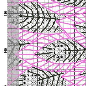 May include: Black and pink cross stitch pattern with a geometric design. The pattern features a repeating motif of overlapping lines and shapes.